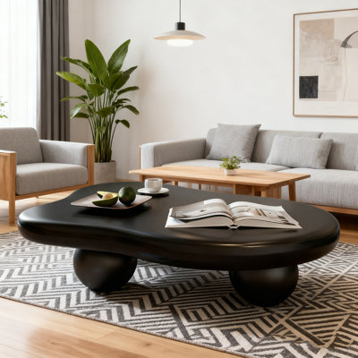 39.4" Modern Cloud Coffee Table – Black Irregular Oval Top With Wood Ball Tripod Base, Soft Matte Finish