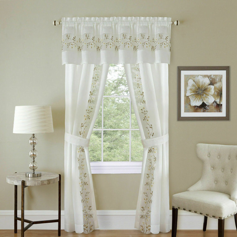 Kate Aurora Complete 5 Piece Embroidered Floral Window Curtain Set with Sheer Panels, Beige, 54" W x 63" L