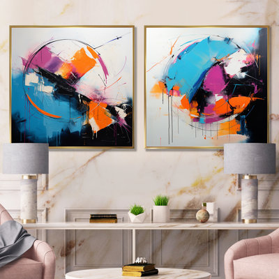 «Blue and Pink Paint Ink Expression I - Abstract Collages», ensemble de 2 impressions sur toile
