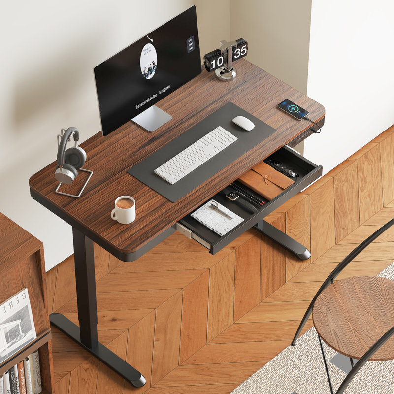Home Office Height Adjustable Standing Desk with Drawer, 46.5" H x 47.4" W x 23.7" D, Rustic Brown/Black