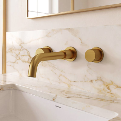 Wall Bathroom Faucet 3 Hole,Bathroom Sink Faucet with Drain Assembly, Brushed Gold