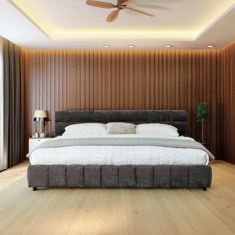 Lit plateforme tapissier très grand avec tiroirs de rangement FAlano, tissu chenille, tête de lit souple, Gris