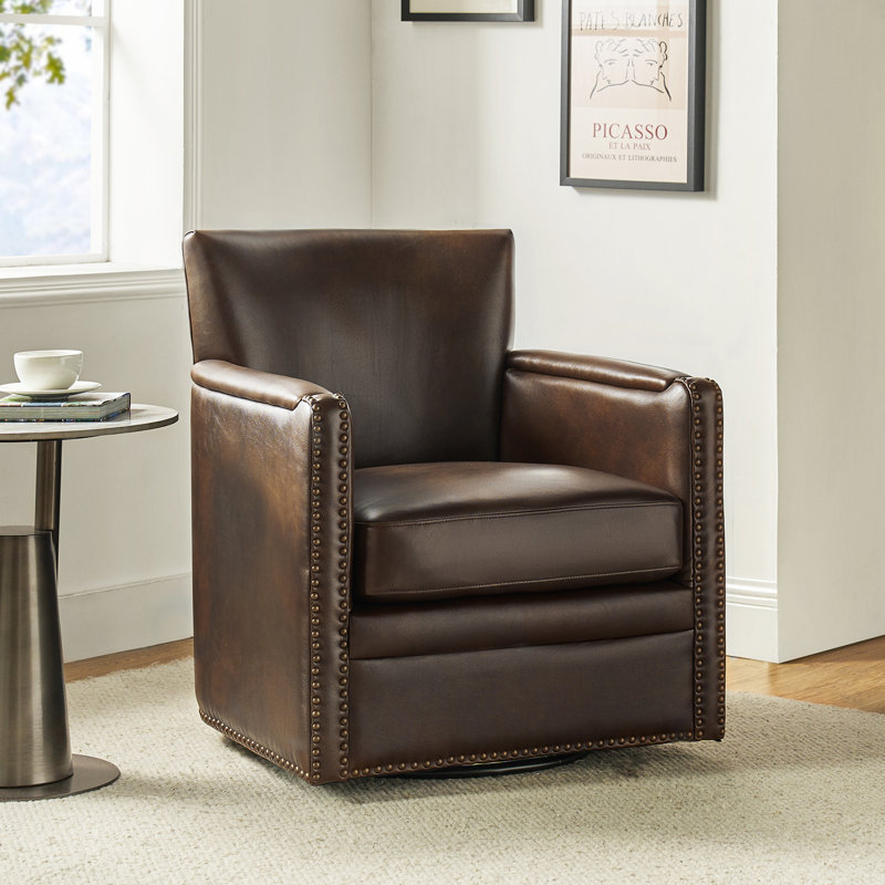 Fauteuil club pivotant en cuir véritable Arsim, Cuir véritable gris anthracite