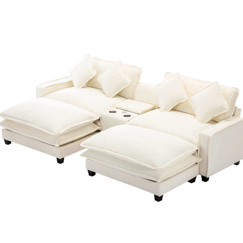 Beige 111" Chenille With Two Removable , Double Cushion, Ports, Cup Holders, Big Hidden Storage And 4 Pillows For Living Room Sectional Charging Space, Ottomans Attached Pillows, Fabric
