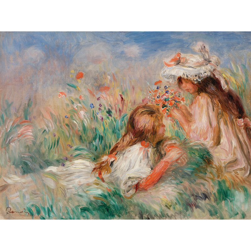 Girls In The Grass Arranging A Bouquet by Pierre-Auguste Renoir - No Frame Print on Canvas, 60cm H x 80cm W x 4cm D