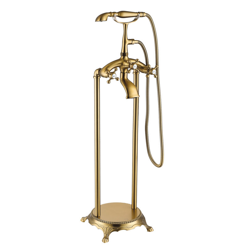 Robinet de baignoire autoportant en métal avec douche à main en or brossé - style moderne pour salle de bain