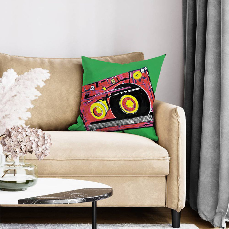 Tape player - 20"x20" Throw pillow - Poly twill - Print on demand, Green/Red