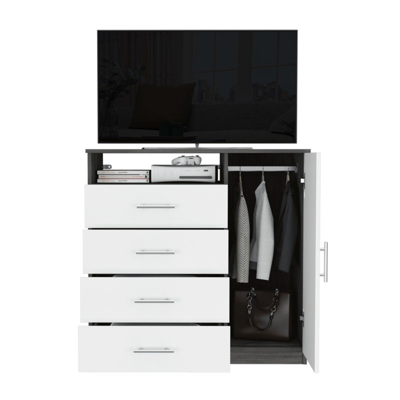 Commode 4 tiroirs avec placard vertical Khenadi, Chêne / blanc