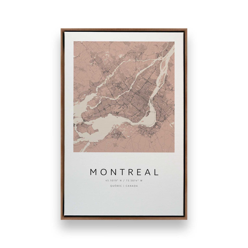 «Montreal Street Map», reproduction d'art sur toile, 8 po x 12 po, Cadre flottant en noyer