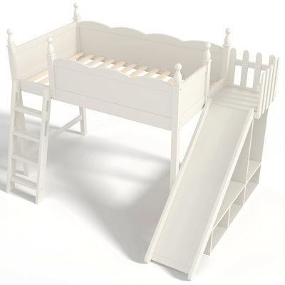 Lit mezzanine avec tablettes de rangement et petite armoire, lit mezzanine en bois avec glissière amovible et échelles