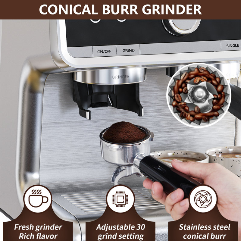 Espresso Coffee Machine With Grinder, Pid Temperature Control, Stainless Steel