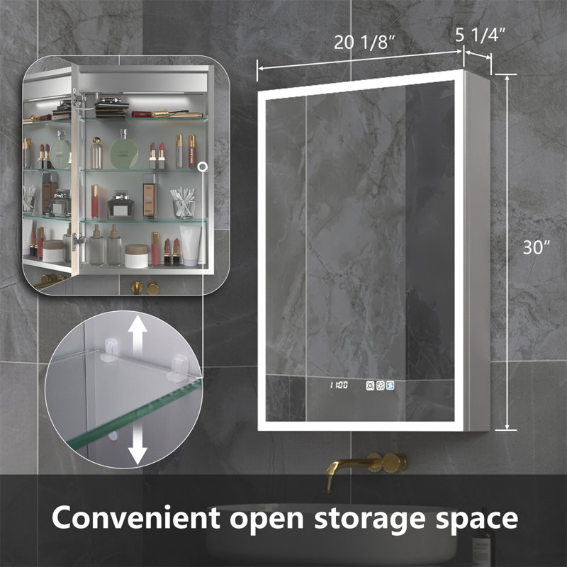Cudahy 20'' W 30'' H Frameless LED Medicine Cabinet with Mirror and 3 Adjustable Shelves, Left