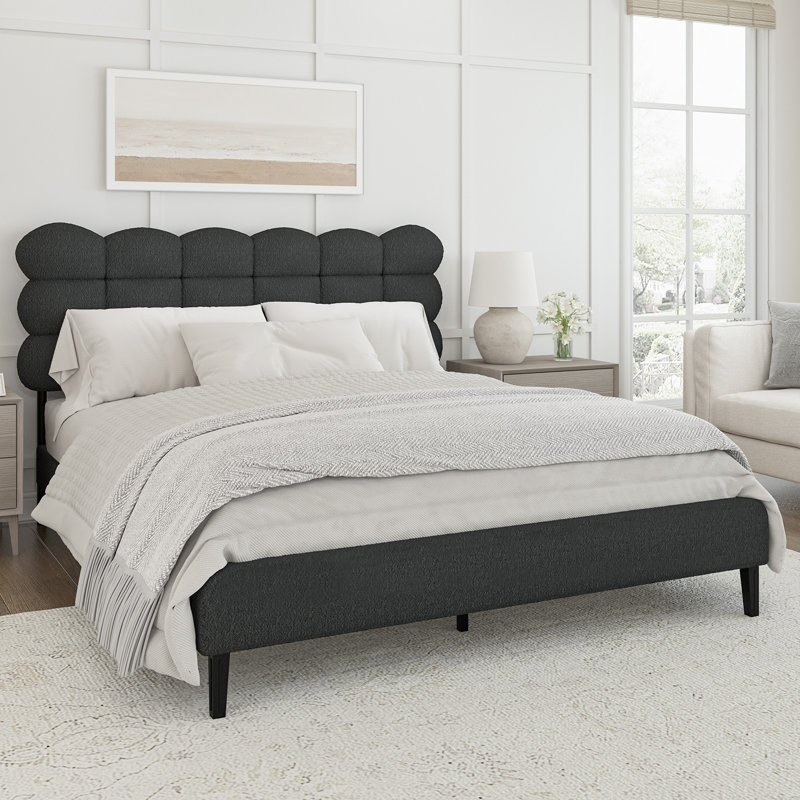 Aadi Upholstered Headboard, Platform Bed with Strong Wooden Slats Support, Two Bed Forms Design, Black, Full