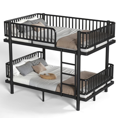 Full over Full Bunk Bed with Ladders & Guardrails, Metal Bunk Bed Frame with Upgraded Safety Round-Pipe Design, Can Transformed into 2 Platform Bed, Black