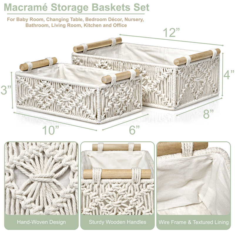White Macrame Rectangular Fabric Storage Baskets Set