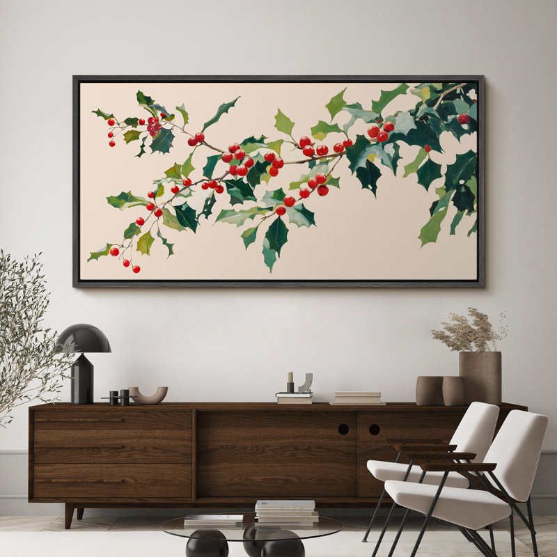 Grande impression sur toile encadrée - branche de houx avec baies rouges, reproduction botanique pour décoration de Noël festive