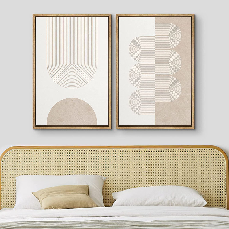 " Mid Century Modern Wall Art Pastel Tan White Geometric Wave Ribbons " 2 - Pieces, 36" H x 48" W, Natural