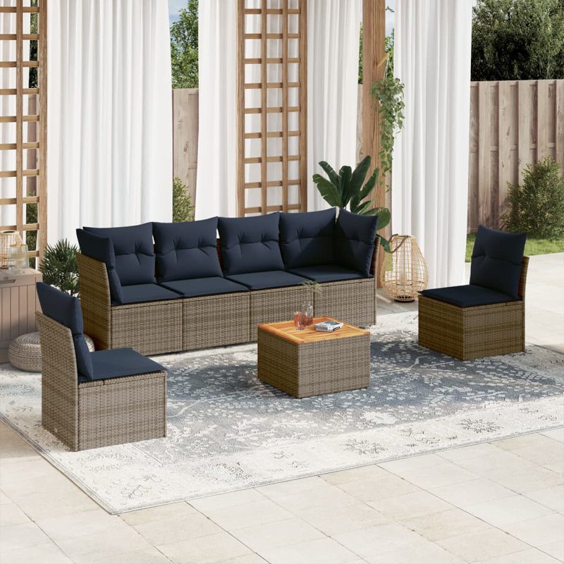 Ensemble de canapé de patio 7 pièces avec coussins en rotin de polyester, Gris, Marine