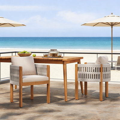 Acacia Wood Outdoor Dining Chairs 2-Pack with Rope Handles, Waterproof Cushions, and 400 lbs Capacity for Durable Comfort.