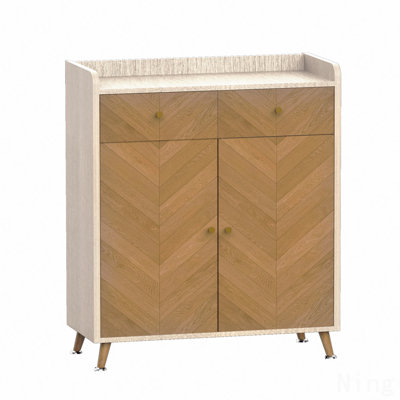 Herringbone Wood 2-Door Shoe Storage Cabinet With Adjustable Shelves - 4-Tier Rack Organizer With Drawer, Freestanding