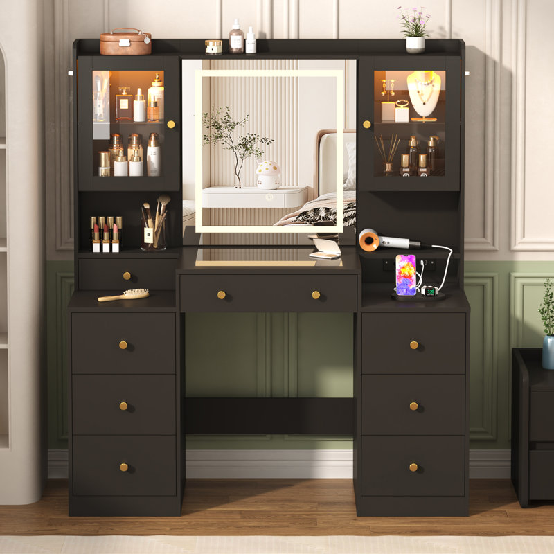 47.24" Vanity Desk With Lighted Mirror, Tempered Glass Top, Power Outlet, 8 Drawers, And 2 RGB Lighted Cabinets, Black