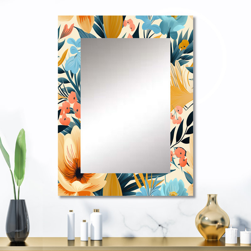 Aldborough Light Color Flowers In Tropical Pattern - tropical  Mirror, Botanical, Floral Decorative Wall Mirror, Printed Metal Art
