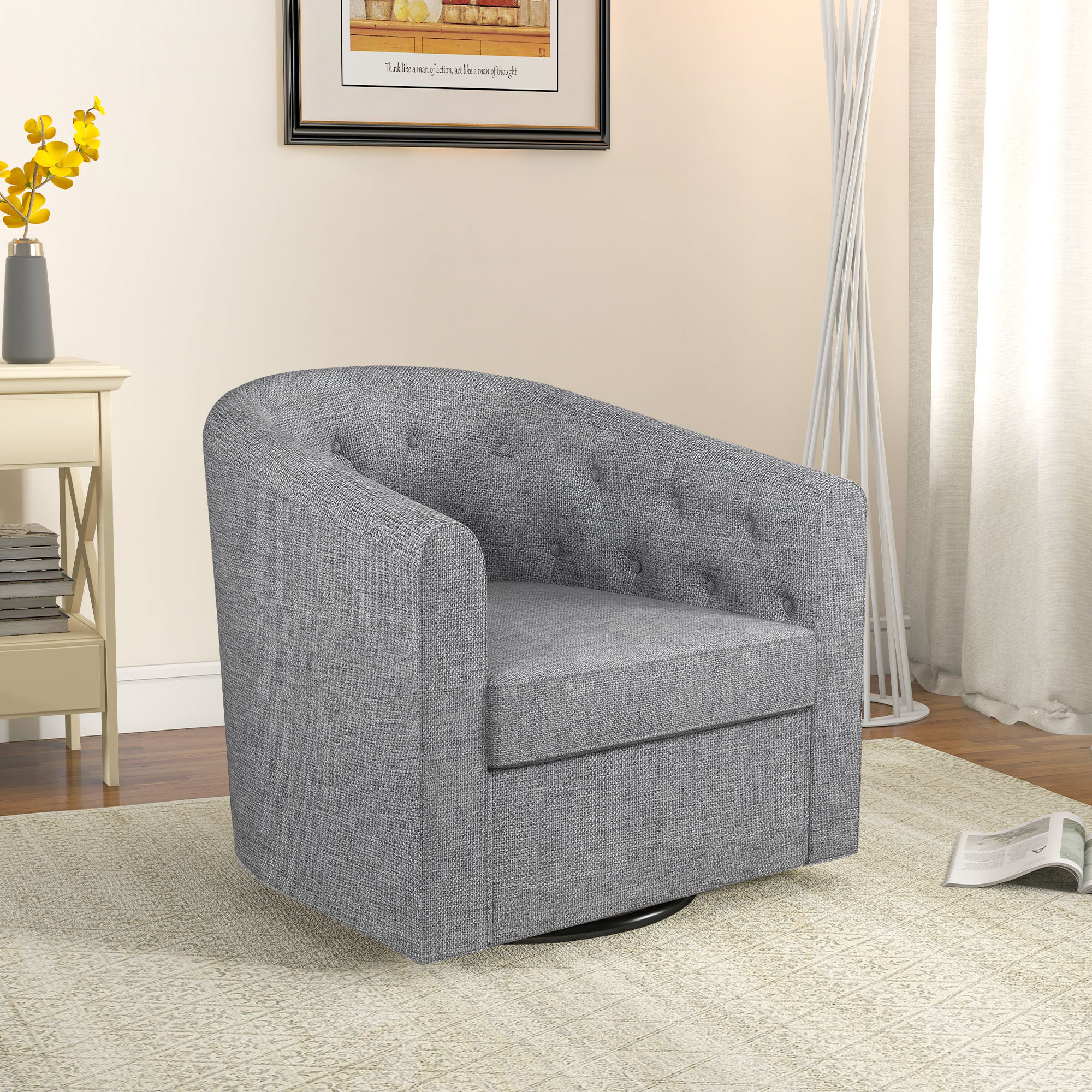 Ravreet 28 Wide Modern Wide Soft Linen Upholstered Tufted Arm Accent Chair with Swivel Red Barrel Studio Fabric Light Gray 100 Linen