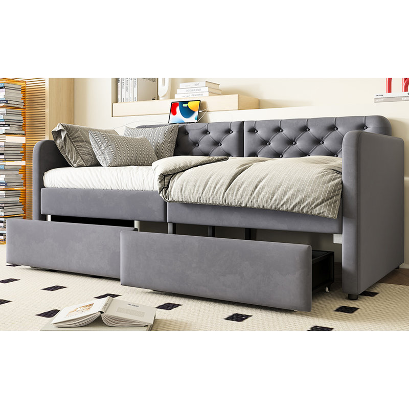 Structure de lit de jour gris simple avec 2 tiroirs de rangement, dossier à boutons, pas de sommier tapissier, décor de chambre à coucher, revêtement en velours de lit, conception en bois de style Mid-Century, teinte