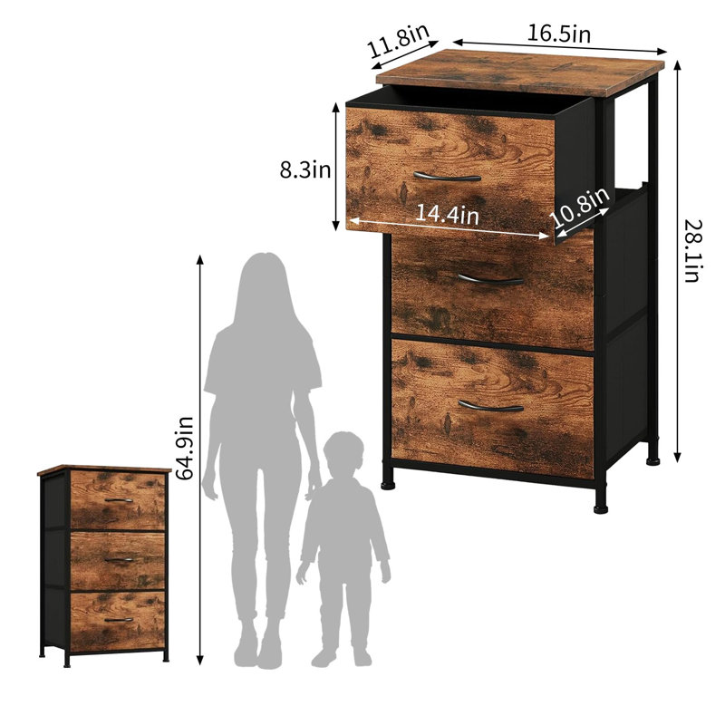 Commode 3 tiroirs avec bacs en tissu amovibles, organisateur de rangement en grain de bois mince pour les petits espaces