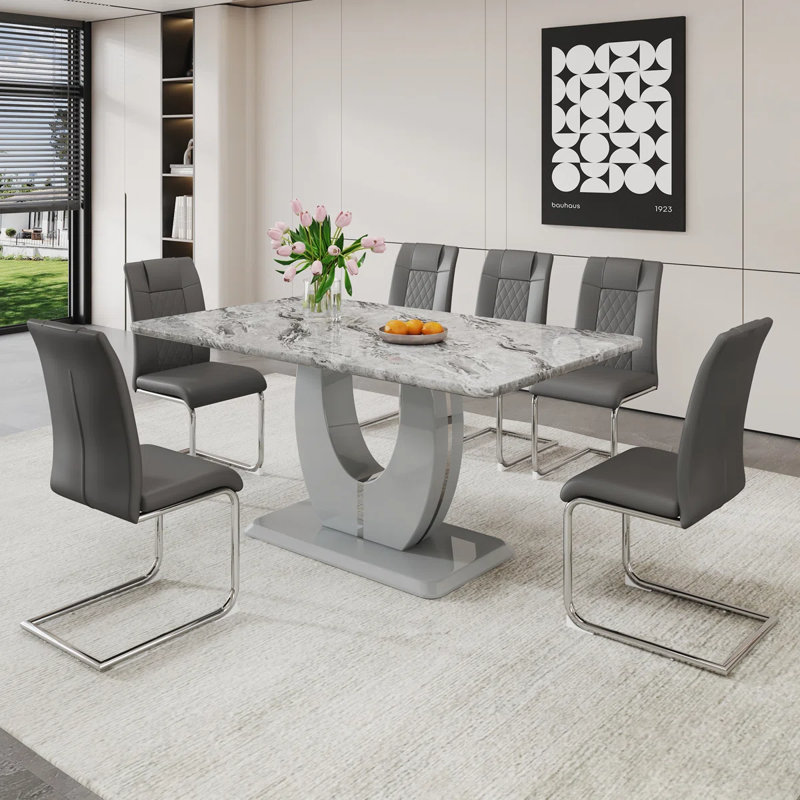 Kimara 7-Piece Modern 63" Rectangular Faux Marble Pedestal Dining Set, Gray, 7 Pieces: Table, 6 Chairs