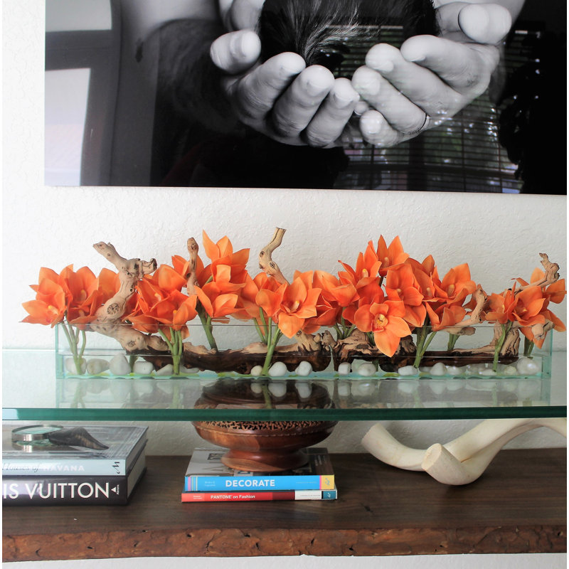 Driftwood Cymbidium Orchids Centerpiece in Glass Planter, 8" H x 24" W x 6" D, Orange