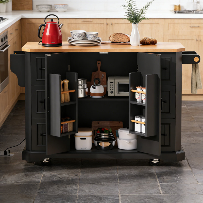 56-Inch Rolling Kitchen Island with Drop Leaf, Power Outlet, 6 Drawers, and Embossed Vertical Stripe Barn Doors for Flexible Storage and Workspace.