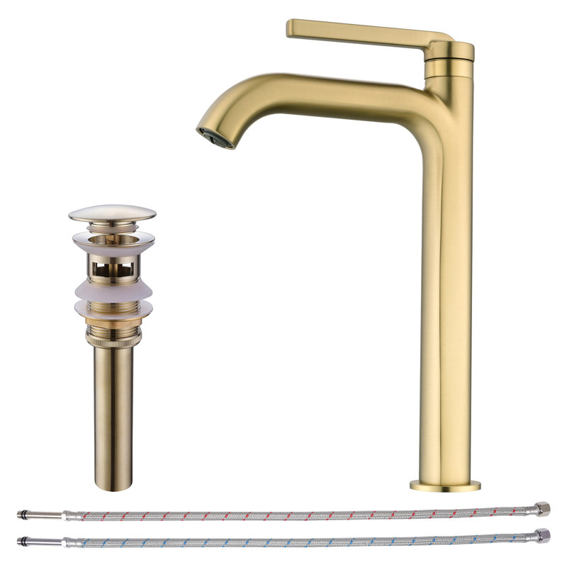 12.38" Solid Brass Single Handle Vessel Sink Bathroom Faucet With Drain Assembly, Brushed Gold