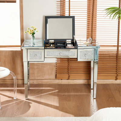 Crushed Diamond Inlay Mirrored Makeup Vanity – Flip-Top Hydraulic Mirror, 3 Drawers + Middle Compartment, Convertible to Writing/Console Table for Bedroom/Entryway/Dressing Room