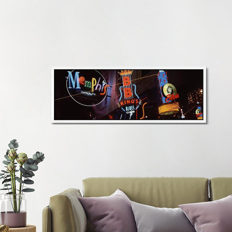 Low Angle View Of Neon Signs Lit Up At Night, Beale Street, Memphis, Tennessee, USA by Panoramic Images - Floater Frame Panoramic Gallery-Wrapped Canvas Giclée on Canvas