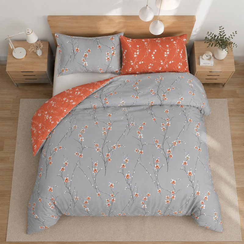 Aspire Homeware Grey and Rust Floral Duvet Cover Set, King (230cm Width X 220cm Length)