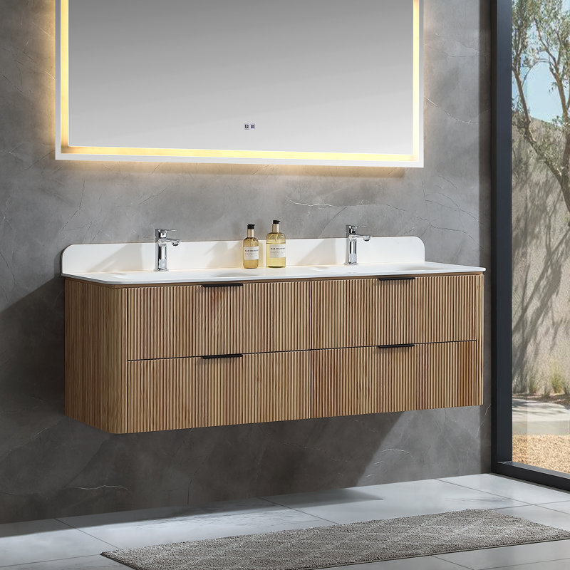 Meuble-lavabo mural flottant avec plateau en acrylique, Chêne, 60"
