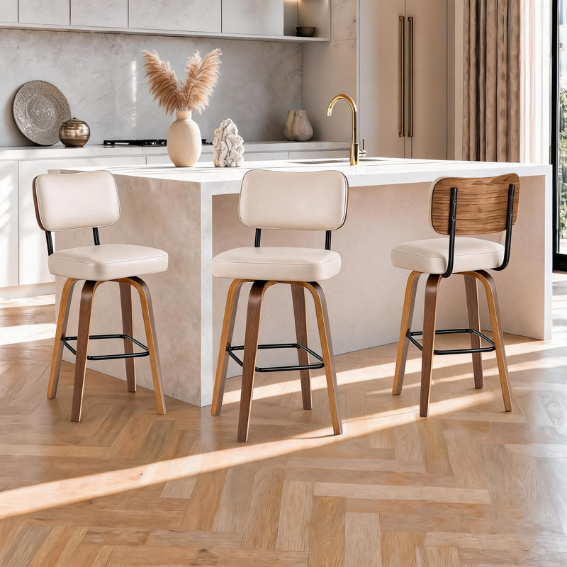 Tabourets de bar pivotants de 66 cm (26 po), avec dossier et pieds en bois courbé, Blanc cassé / blanc, 3