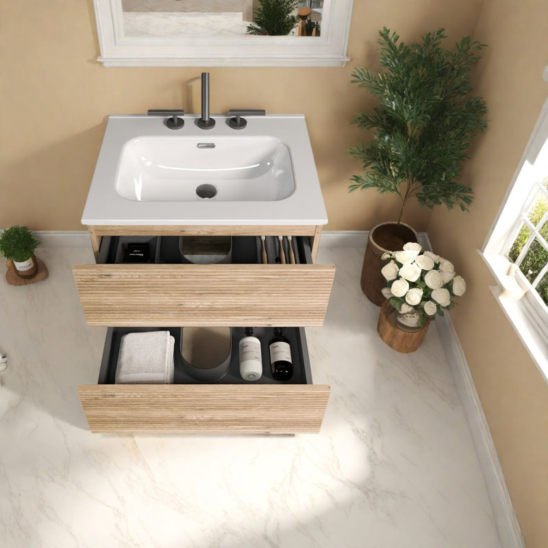 Meuble-lavabo moderne en chêne avec lavabo en céramique, solutions de rangement pour toute salle de bain