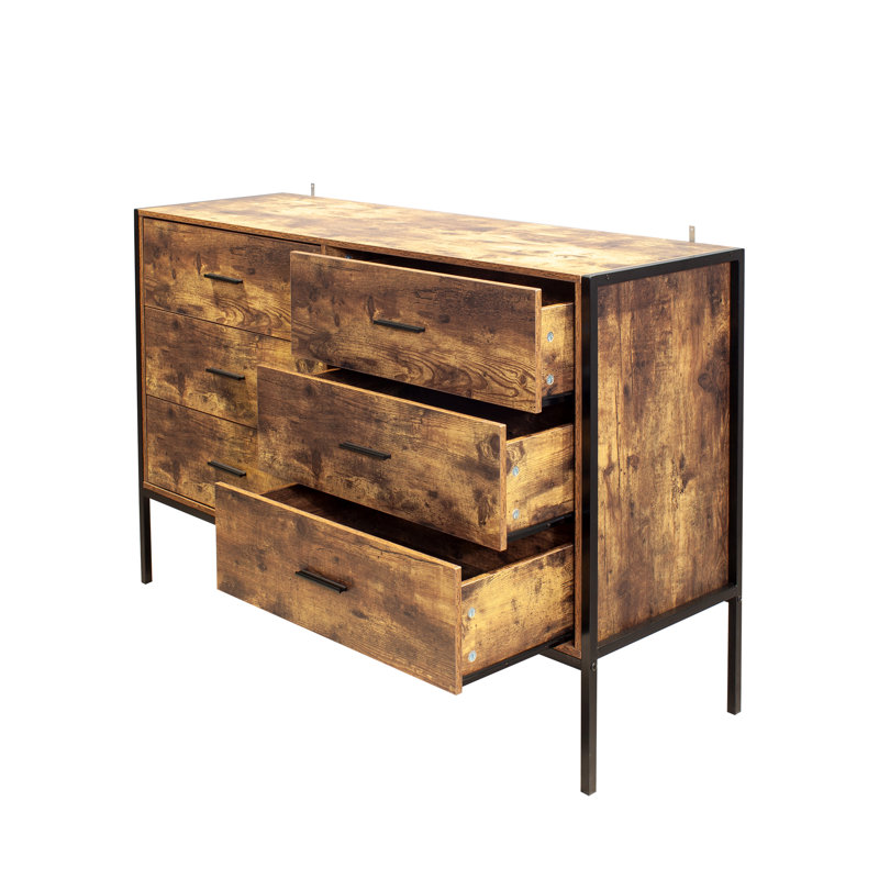 Industrial Style 6 Drawer Double Dresser, Rustic Brown Wood Storage Dresser Clothes Organizer With Sturdy Steel Frame, Chest With 6 Drawer, Storage Cabinet For Bedroom, Living Room
