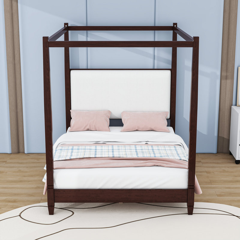 Lit plateforme à baldaquin en bois avec tête de lit tapissier, Grand lit, Espresso
