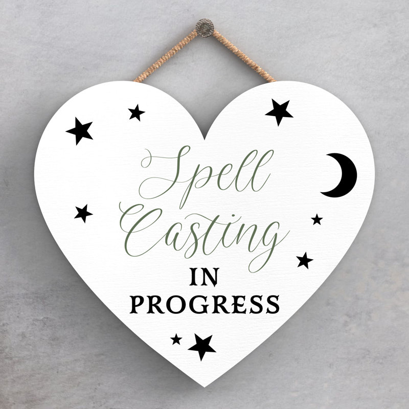 Witch Spell Casting Wooden Heart Plaque, White, 16cm H x 17cm W x 0.9cm D