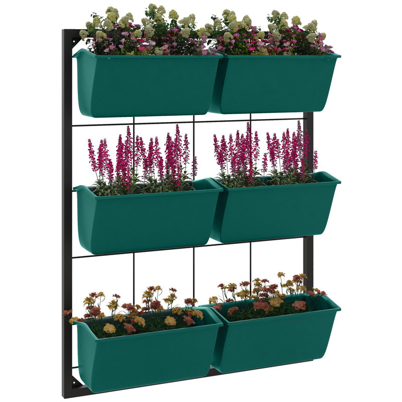 3-tier wall-mounted self-draining planter with 6 planters, Green