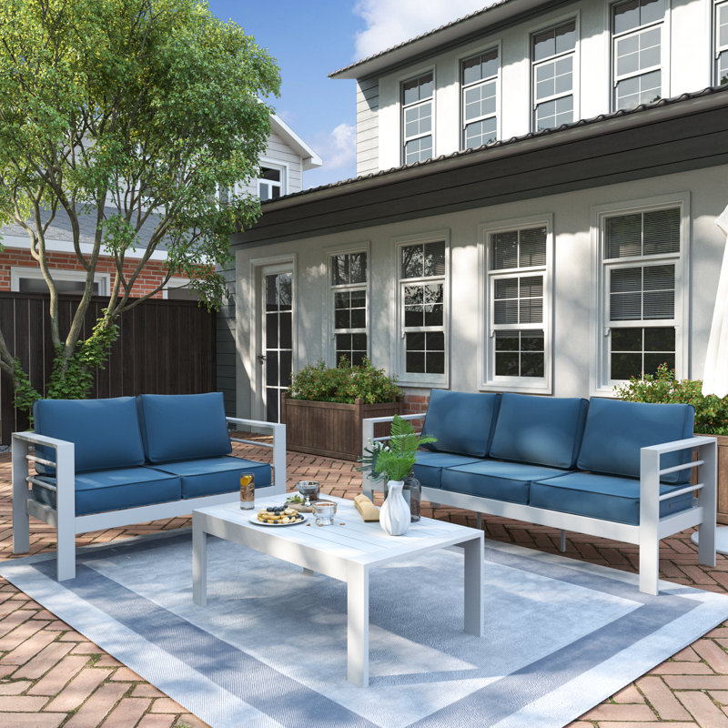 Kassian 5 - Person Patio Conversation Set with Cushions, Blue, White
