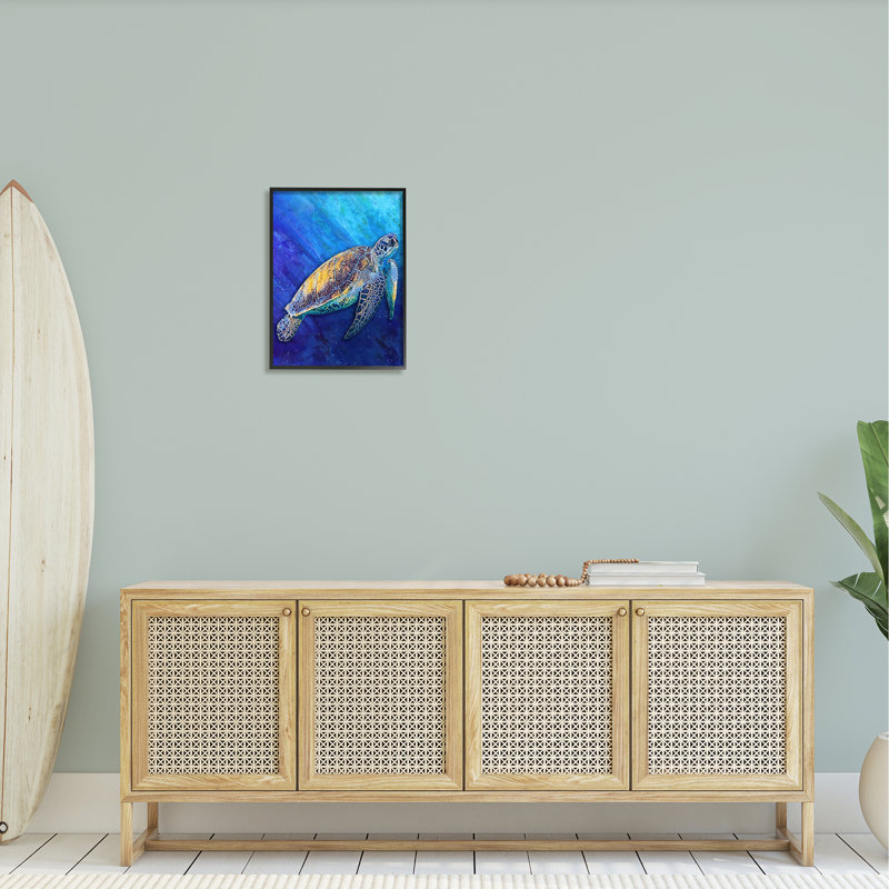 Tortue de mer nageant dans l'océan bleu profond sous l'eau par Alpenglow Workshop - Peinture, L 16 po x H 20 po