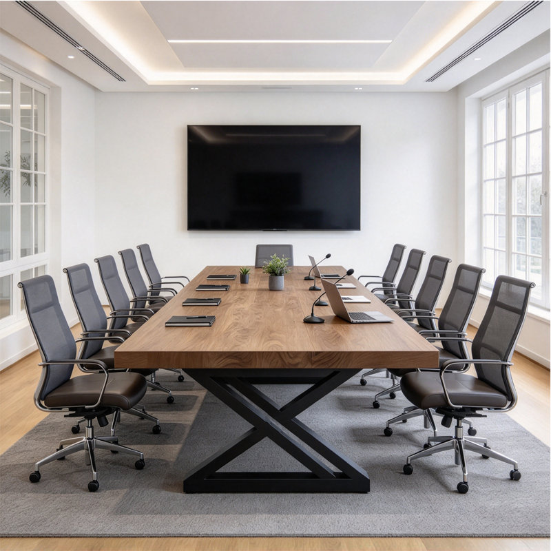 Table de conférence en bois massif de style industriel moderne, H 29,53 po x L 118,11 po x l 47,24 po