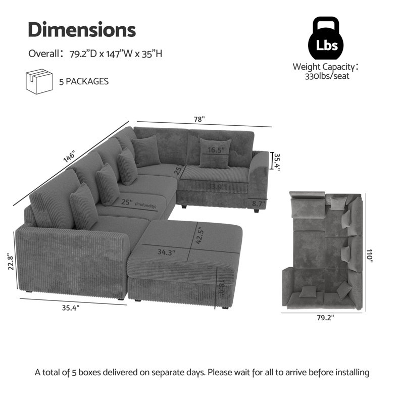 Kaneki 6 - Piece Slipcovered Corduroy Sectional Sofa Sleeper Couch, Gray, 35'' H X 146'' W X 78'' D