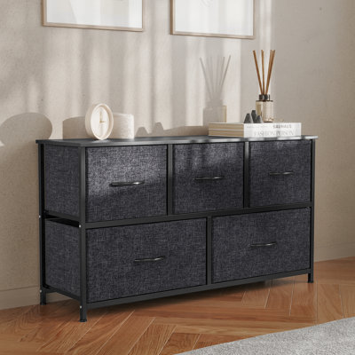 Draven 5 Drawer Storage Dresser with Cast Iron Frame, Wood Top and Fabric Drawers