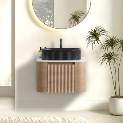 Meuble-lavabo de 24 po avec lavabo, armoire murale en chêne miel avec porte-serviettes gratuit, lavabo simple en céramique rayé ovale noir, sans drain et robinet, pré-assemblé