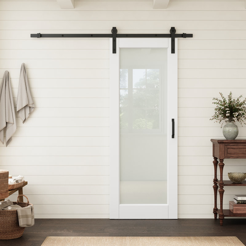 Porte vitrée pleine hauteur 32 po x 80 po avec quincaillerie noire de style grange, idéale pour un garde-manger ou une chambre.